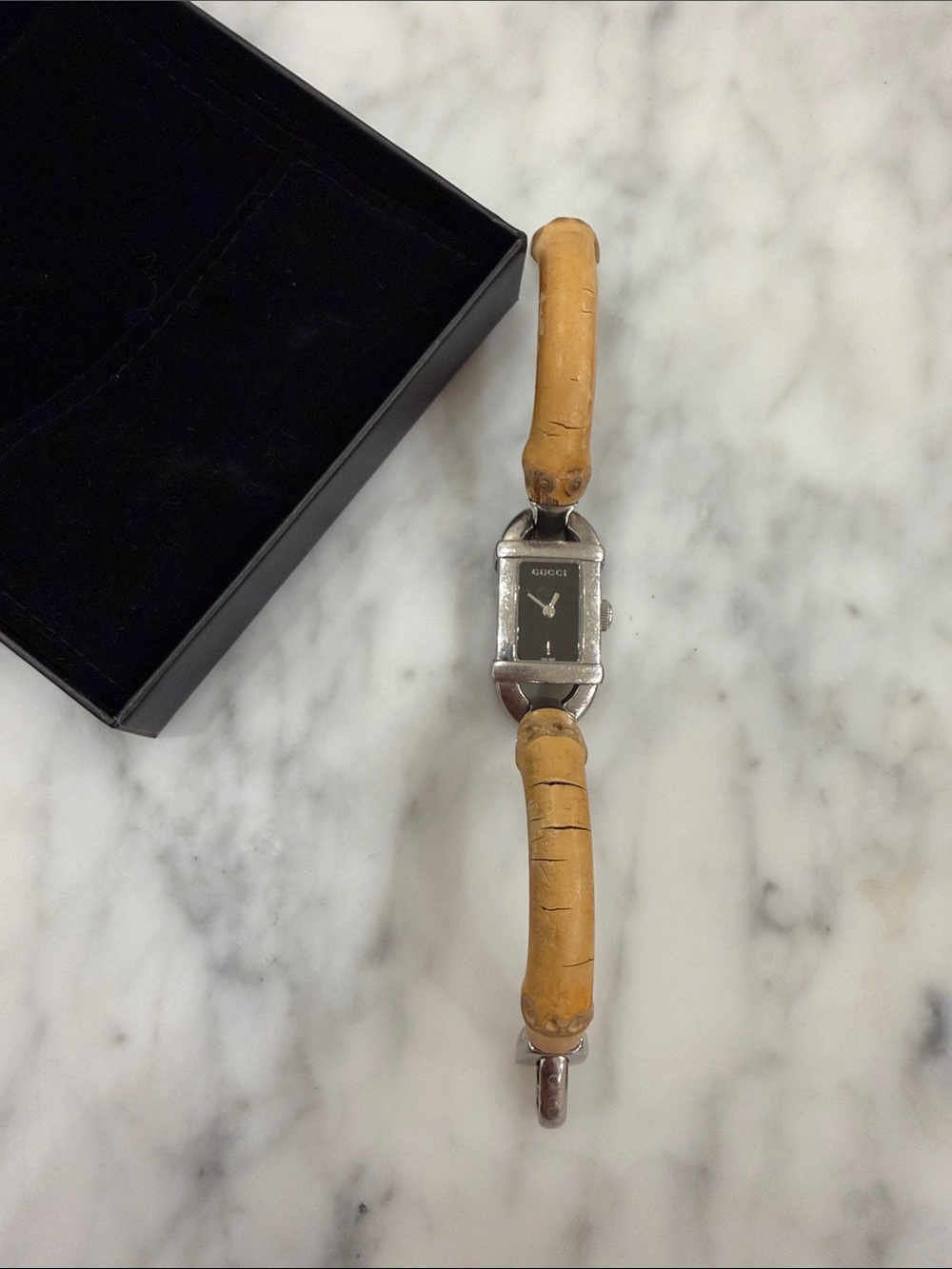 Gucci Bamboo-Style Tan Strap Silver Case Black Dial Watch